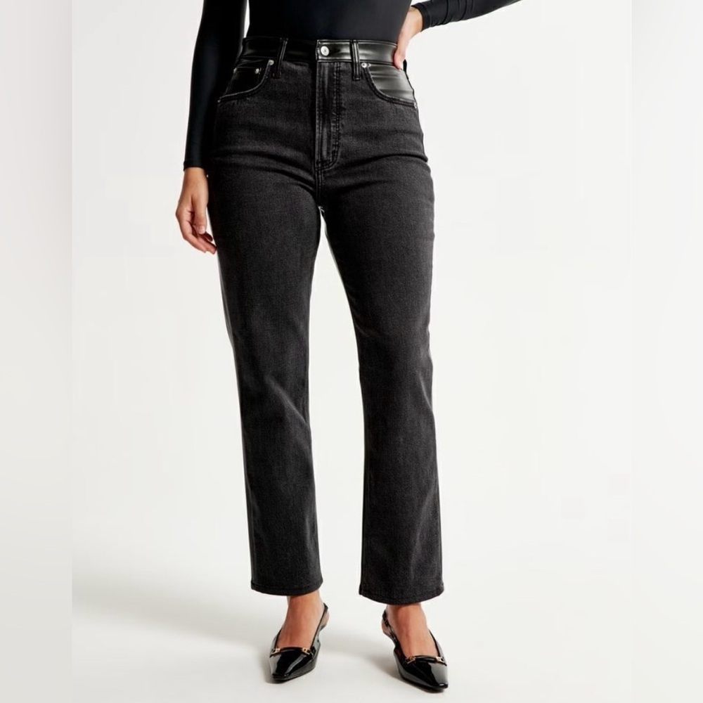 Abercrombie & Fitch Ultra High Rise Ankle Straight Mixed Faux Leather Jeans